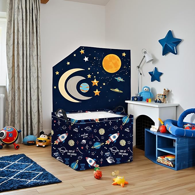 HIYAGON Rectangular Space Basket for Boys Baby Storage Basket Storage Bin Organizer Box Room Decor(Rocket Planet)-Ruum Studio Home