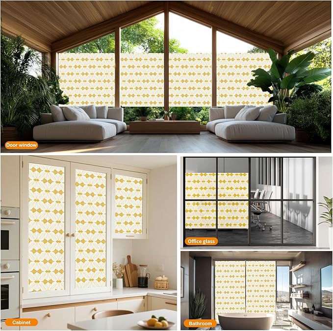 Window Privacy Film Stained Glass Decorative Static Clings Frosted Window Tint for Home Room Decor Bathroom Door Car Stickers with Glittering Effect, Removable(Golden Geometry)-Ruum Studio Home