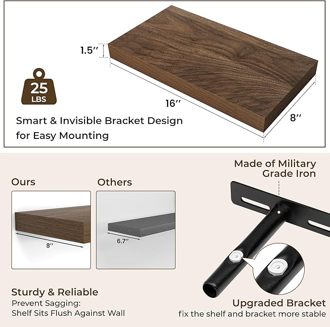 RICHFOCUS 16Inch Floating Shelves for Wall 2 Pack Shelves for Bedroom|Kitchen|Bathroom Wall Mounted Rustic Wood Floating Shelf with Invisible Brackets for Books|Storage|Decor, Walnut-Ruum Studio Home