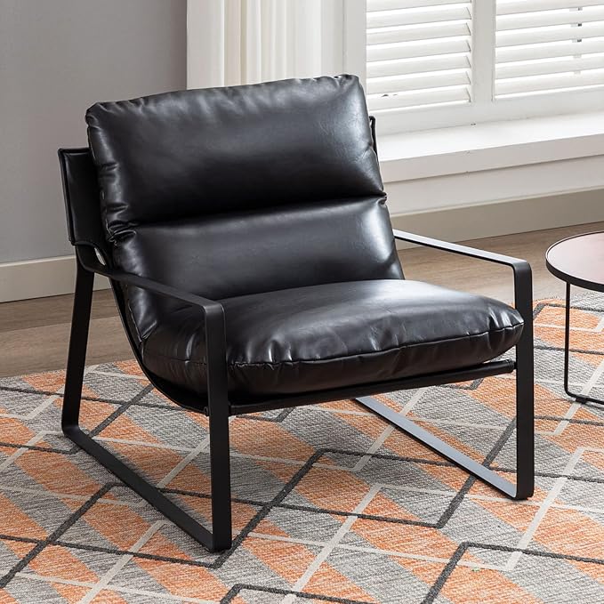 DUOMAY Mid-Century Accent Chair Armchair Set of 2, Comfy PU Leather Leisure Chair Lazy Chair with Metal Leg for Living Room Bedroom Office Apartment, Black-Ruum Studio Home