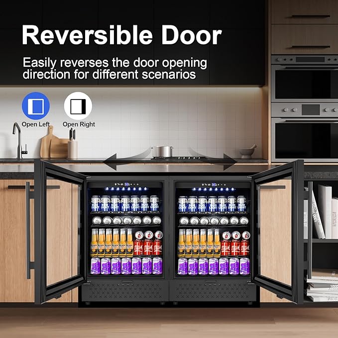24 Inch Beverage Refrigerator, 5.2 Cu. Ft. Drink Refrigerator with Glass Door, 200 Cans Under Counter & Freestanding Drink Fridge, Reversible Door, Built-In Beverage Cooler for Kitchen, Bar or Office.-Ruum Studio Home