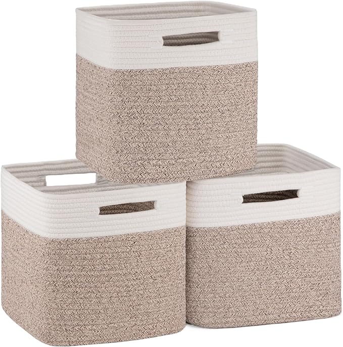 OIAHOMY Cube Storage Basket, 3-Pack Woven Cotton Rope Baskets, 11-Inch Cube Basket with Handles, Great for Shelves, Closets, Children's Toy Organization - White & Brown-Ruum Studio Home