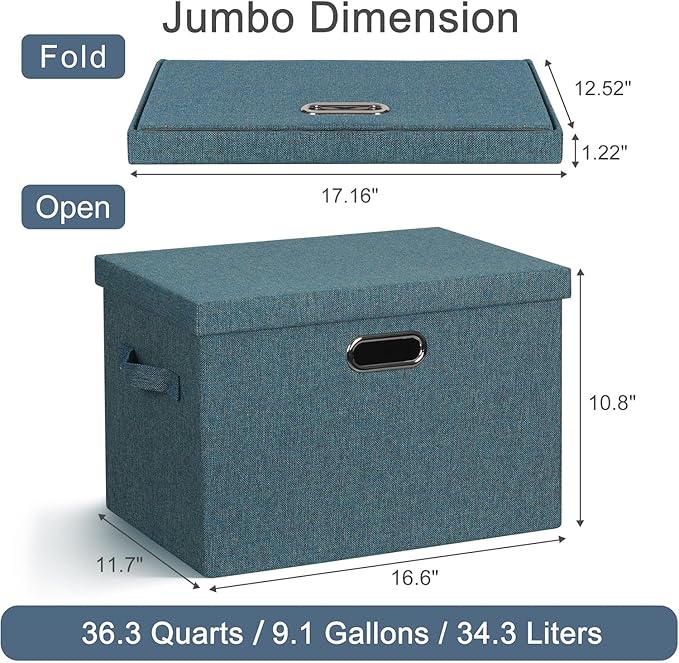 Large 17" 36 Quart Collapsible Stackable Storage Bins with Lids, 3 Packs Blue-Green Linen Fabric Closet Boxes with Lids, Storage Cube Baskets Container Organizers for Bedroom (17x12x11)-Ruum Studio Home