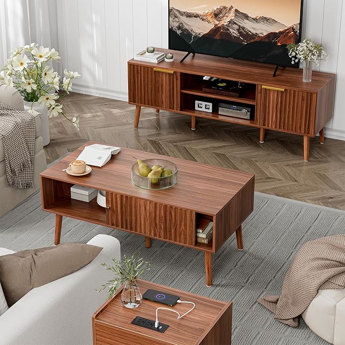 Coffee Table with Storage, Mid Century Dining Table with Sliding Fluted Door and Solid Wood Legs, Small Coffee Tables for Living Room, Walnut-Ruum Studio Home