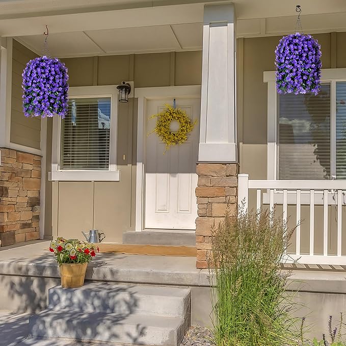 Artificial Fake Outdoor Hanging Flowers Plants Basket for Outside Porch Decoration, Fake Silk UV Resistant Look Real Purple Orchid Traing Vines for Home Balcony Yard Patio Garden Decor-Ruum Studio Home