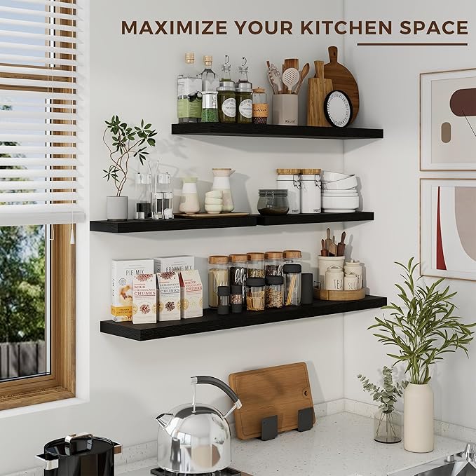 48 inch Floating Shelves for Wall Large Wall Mounted Shelves with Invisible Brackets, Black Long Shelves for Bathroom, Living Room, Kitchen, Office, 48x9.1 inch deep Set of 2-Ruum Studio Home