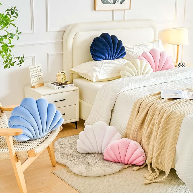 White Seashell Throw Pillows, Shell Shaped Throw Pillows, 18 Inch Soft Velvet Home Decorative Pillow Plush Cushion for Bed Couch Living Sofa Room Decor Accent Throw Pillow-Ruum Studio Home
