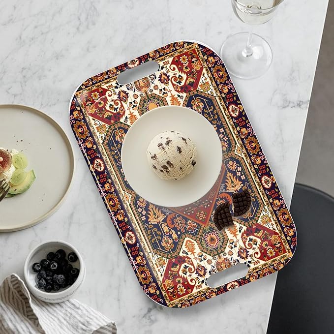 Serving Trays with Handles, 14.5 x 9.8 inch Rectangular Plastic Tray for Restaurant, Kitchen, Dark Red Pattern-Ruum Studio Home