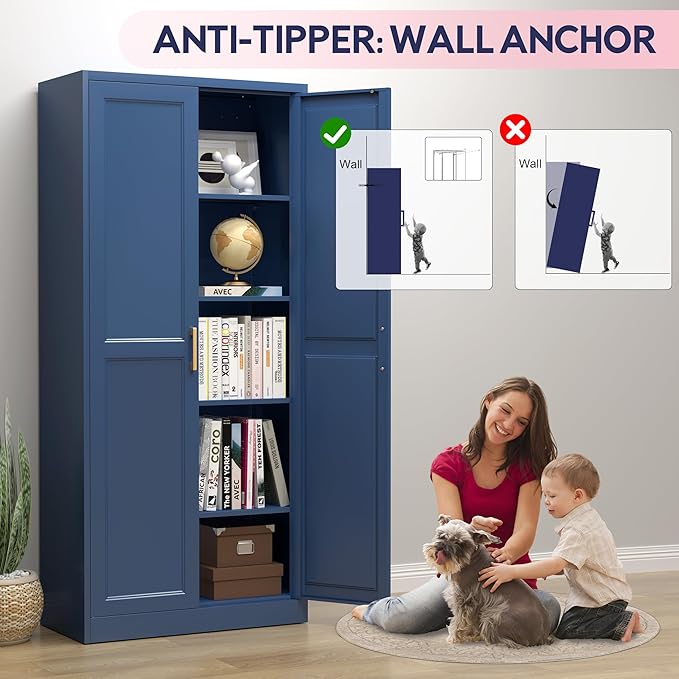 71" Storage Cabinet, Metal Pantry Cabinet, Kitchen Pantry Storage Cabinets with Doors and 4 Shelves, Cabinets for Laundry Room, Living Room, Dinning Room, Assembly Required, Blue-Ruum Studio Home