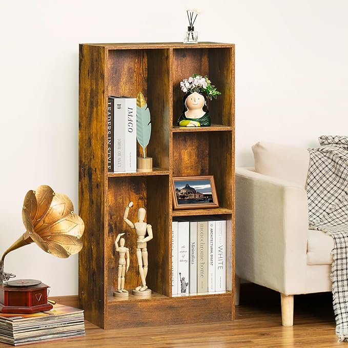 LEYAOYAO 5 Cube Mid-Century Modern Brown Wood Bookcase, 3 Tier Storage Organizer Shelf, Rustic Display Cabinet for Bedroom, Living Room, Office-Ruum Studio Home