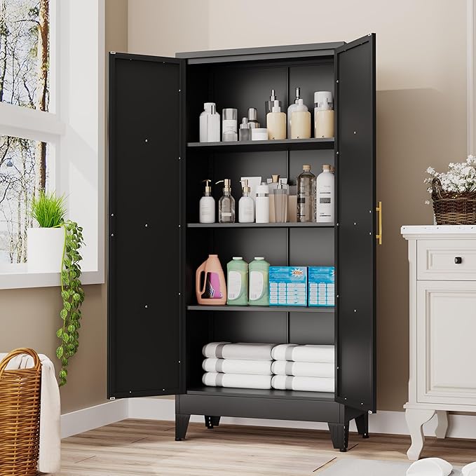 61" H Metal Kitchen Pantry Storage Cabinet, Freestanding Cupboard with 2 Doors and 3 Adjustable Shelves, Standing Storage for Kitchen, Bathroom, Garage, Dinning Room or Utility Room（Black）-Ruum Studio Home