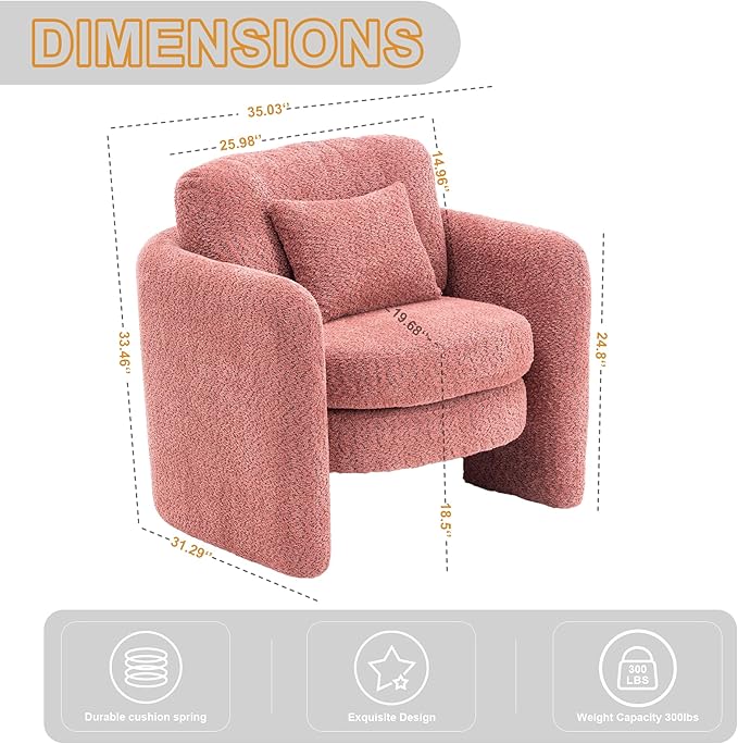 Chenille Accent Armchair Oversize Upholstered Barrel Comfy Modern Round Lounge Sofa Chair with Pillow Cozy Reading Chairs for Apartment,Office,Living Room,Dining,Makeup,Club,Pink 2SET-Ruum Studio Home
