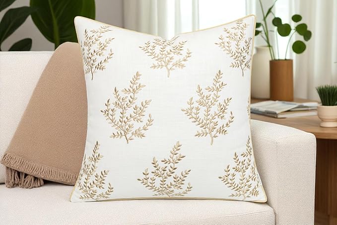 VAGMINE Embroidered Leaves Throw Pillow Cover - 20x20 Inches Square - 100% Cotton Ivory Cushion Cover - Delicate Leaf Stitchwork - Chic Home Accent for Sofa, Lounge, Rustic Farmhouse Décor-Ruum Studio Home