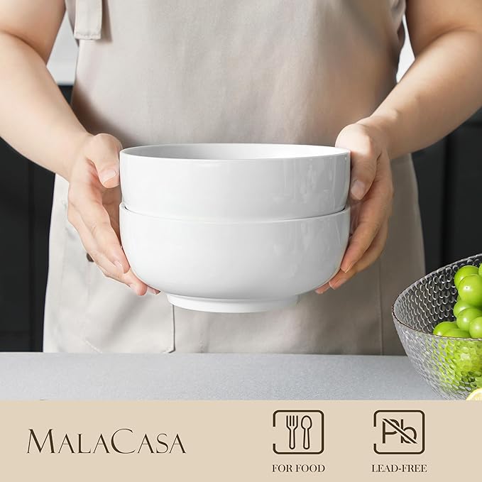 MALACASA Salad Bowls Set, 44 OZ (7") Large Soup Bowls Cereal Bowl for Kitchen, White Ceramic Bowls Set of 2, Dishwasher & Microwave Safe,Series REGULAR-Ruum Studio Home