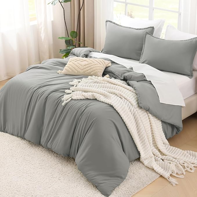 Litanika Comforters Medium Gray King Size, 3 Pieces Lightweight Solid Bedding Set & Collections, All Season Fluffy Bed Set (104x90In Comforter & 2 Pillowcases)-Ruum Studio Home