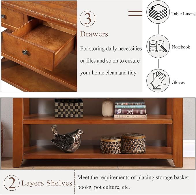Solid Wood Console Table Entryway Table with Storage Drawers and Bottom Shelf Sofa Table for Entry Hallway Foyer Sofa Couch Table,Fully Assembled (48.8" Brown)-Ruum Studio Home