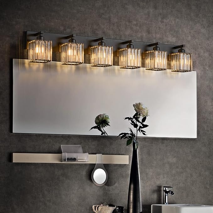 Modern Black Crystal Bathroom Vanity Light - 6-Lights Wall Light Fixtures-Ruum Studio Home