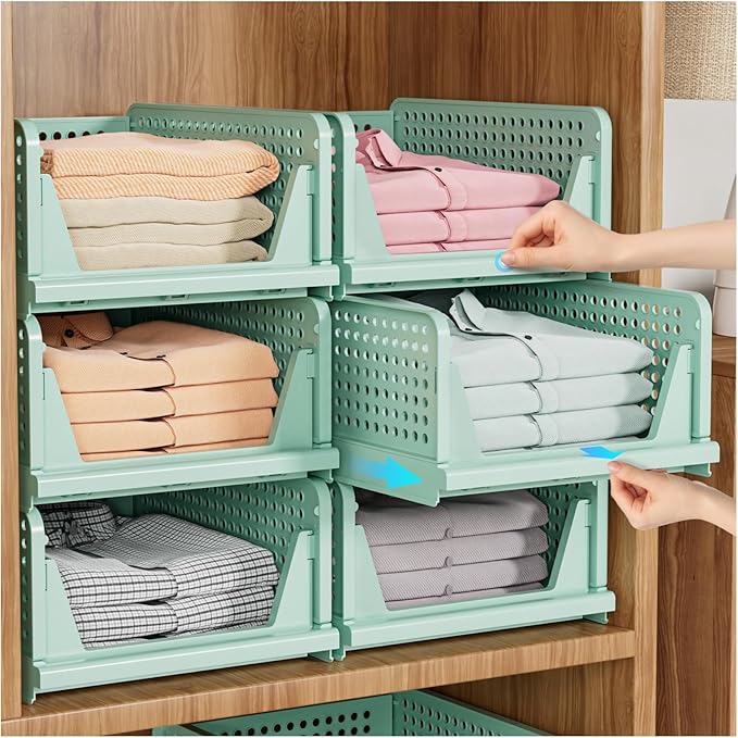 SNSLXH 5 Pack Stackable Closet Organizer Box, Multifunctional & Foldable Closet Storage Basket for Bathroom Kitchen Laundry Room Wardrobe Storage, Space-Saving Clothes Storage Drawer Organizer, Green-Ruum Studio Home