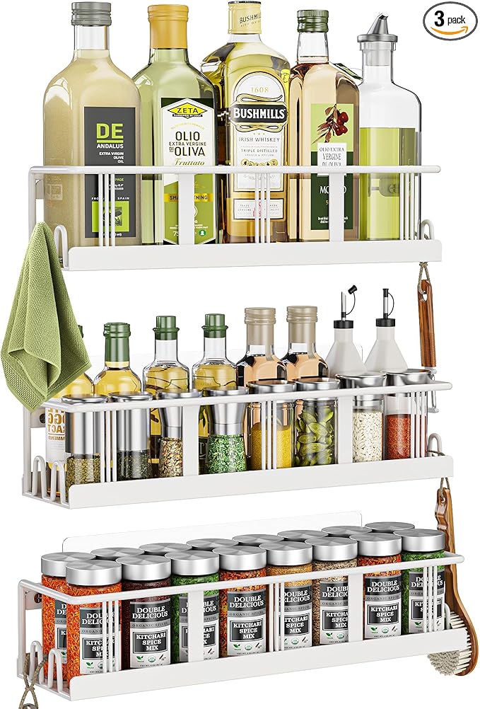 Spice Rack Wall Mounted 3 Pack, Space-Saving Spice Organizer for Spice Jars and Seasonings,Screw or Adhesive Hanging Spice Rack Organizer for Your Kitchen Cabinet,or Pantry Door White-Ruum Studio Home