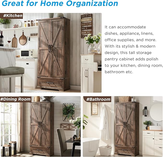 72" Farmhouse Kitchen Pantry Cabinet With Drawer, Tall Storage With 2 Barn Doors and Shelves, Versatile Large Rustic for Dining Room, Bathroom, Living Room, Rustic Brown-Ruum Studio Home