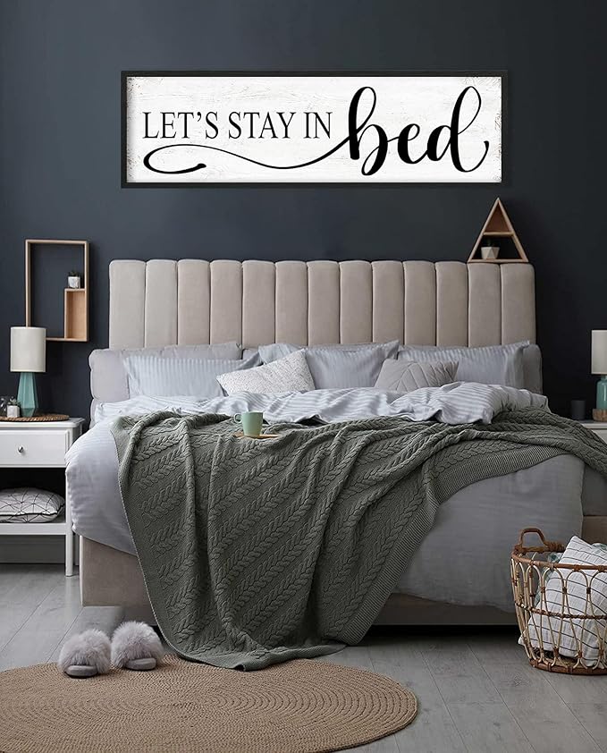 Let's Stay in Bed Wall Decor: Family Bedroom Signs Wall Decor Above Bed Framed Modern Farmhouse Rustic Wall Signs Hanging Plaques Master Bedroom Aesthetic Minimalist Wall Art 12" x 40"-Ruum Studio Home