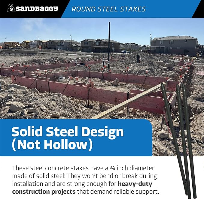 Sandbaggy Round Steel Concrete Form Stakes with Nail Holes - Rust Resistant Coating - Removable, Reusable (5, 3/4 in X 24 in)-Ruum Studio Home