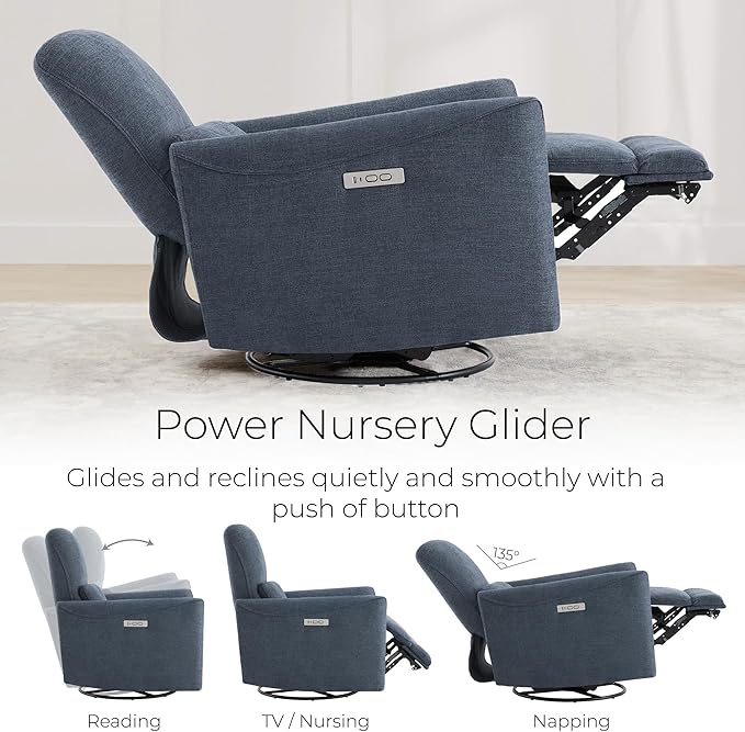 CHITA Power Recliner Chair Swivel Glider, FSC Certified Upholstered Fabric Living Room Nursery Reclining Sofa Chair with Lumbar Support, Ink Blue-Ruum Studio Home