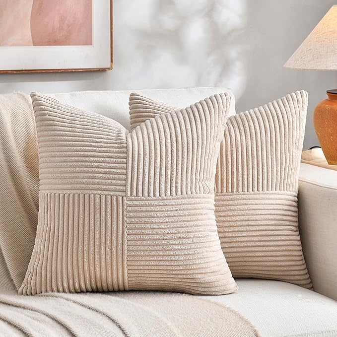 Fancy Homi 2 Packs Tan Decorative Throw Pillow Covers 18x18 Inch for Living Room Couch Bed, Rustic Farmhouse Boho Home Decor, Soft Corss Corduroy Patchwork Textured Square Beige Cushion Case 45x45 cm-Ruum Studio Home