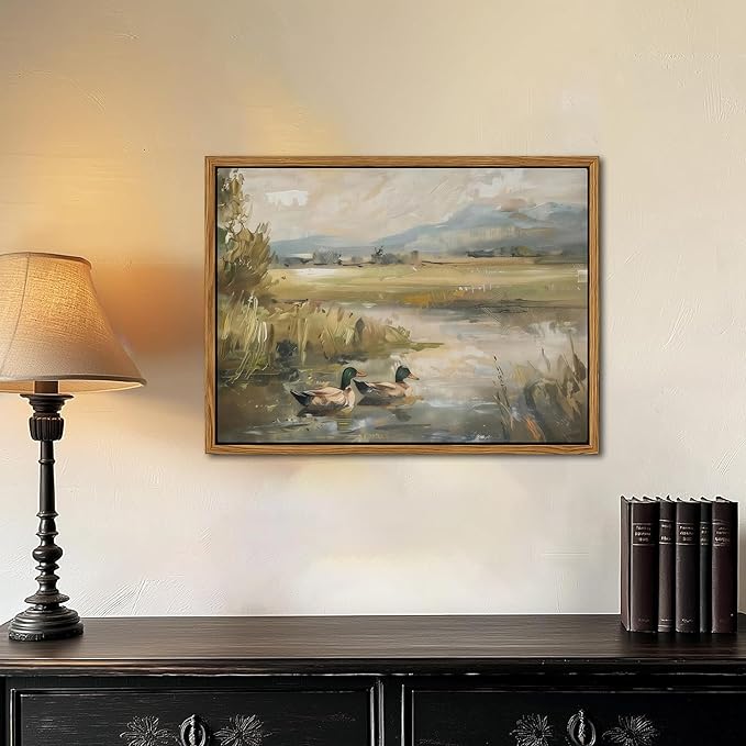 Floating Framed Canvas Wall Art, Vintage Mallard Duck Oil Paintings Print, Countryside Art Wildlife Nature Pond Wall Decor for Living Room, Bedroom, Office, Rustic Decor 12x16 inch-Ruum Studio Home