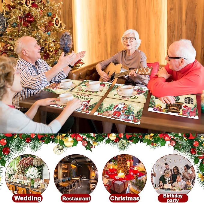 Christmas Placemats Set of 6 Retro Christmas Plastic Table Place Mats Merry Christmas Dining Mats Washable Xmas Holiday Rustic Vintage Table Decoration for Indoor Outdoor Christmas Party Dining Table-Ruum Studio Home