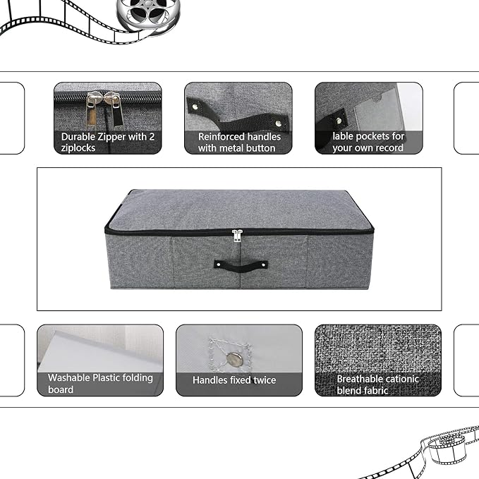 2PCS Foldable Under Bed Storage Box with Plastic Support Liner, Handles, Zipper lid, Blankets Clothes Comforters Storage Bin Organizer for Bedroom and Closet, 29×15×7inch, Black Grey-Ruum Studio Home