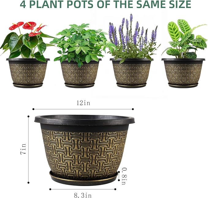 4 Pack 12 Inch Plant Pots,Large-Plant-Flower-Planters-Plastic, Flower Pots Outdoor Indoor with Drainage Holes & Trays, Retro Antique Imitation Decorative Garden Sets for Houseplants-Ruum Studio Home