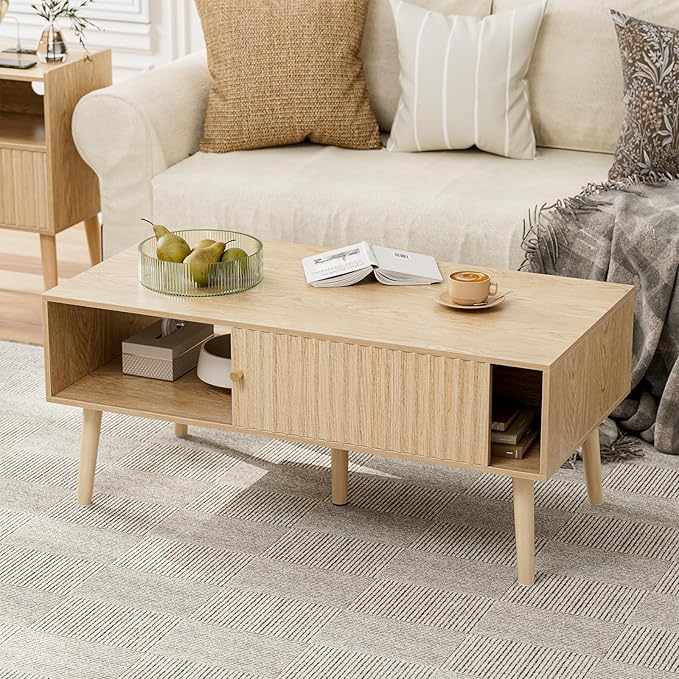 Coffee Table with Storage, Boho Dining Table with Sliding Fluted Door and Solid Wood Legs, Small Coffee Tables for Living Room, Oak-Ruum Studio Home
