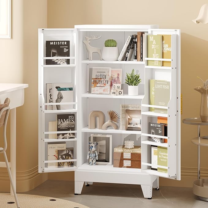 51" Metal Kitchen Pantry Cabinet, Storage Cabinets with 2 Door and 3 Adjustable Shelves, White Freestanding Food Storage Cabinet, Steel Cupboard for Kitchen Dinning Room-Ruum Studio Home