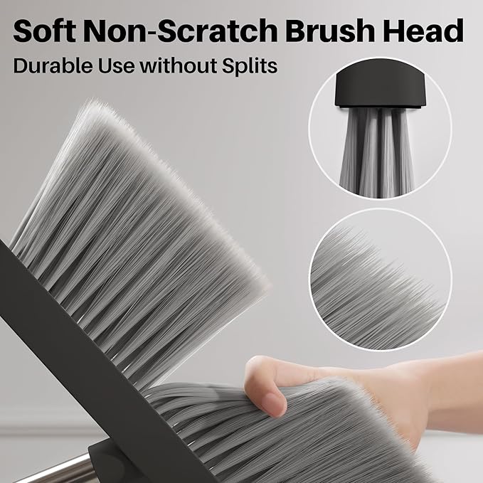JOYMOOP 2 Pack Broom and Dustpan Set, Black and White Combo, Upright Angle with Built-in Comb Teeth for Pet Hair and Hard Floors-Ruum Studio Home