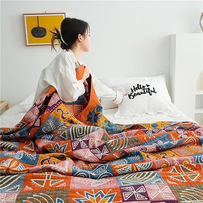 Christmas Cotton Throw Blanket for Couch Bed 60''x80'',Cotton Quilt Boho Throw Blanket Muslin Bed Travel Blanket Vintage Soft Cozy Checkered Blankets Gift for Women-Ruum Studio Home