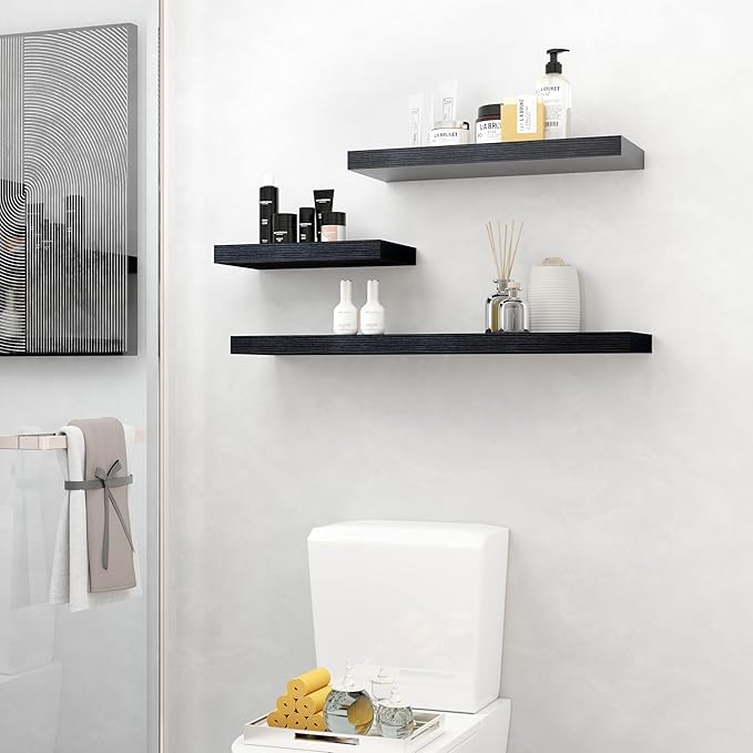 Fun Memories Deep Floating Shelves - 16" W x 9" D x 1.6" H Rustic Black Wall Shelf - Wall Mounted Shelves for Storage - Wooden Shelves with Invisible Brackets for Living Room, Farmhouse - Set of 2-Ruum Studio Home