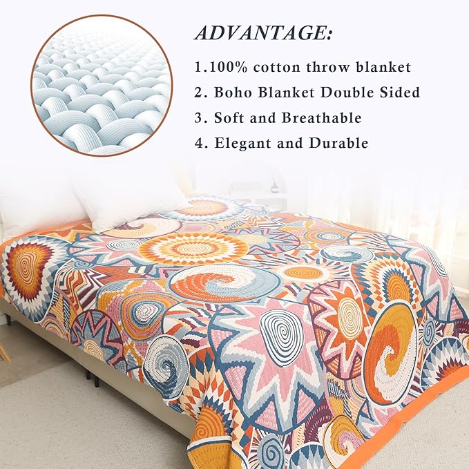 Snycler Boho Throw Blanket for Bed - 100% Cotton Ultra Soft Rustic Quilt Fall Blanket - Orange Floral Printed Farmhouse Decor Bed Blankets, 80"×90" All Season Rustic Throw for Sofa Couch Chair-Ruum Studio Home