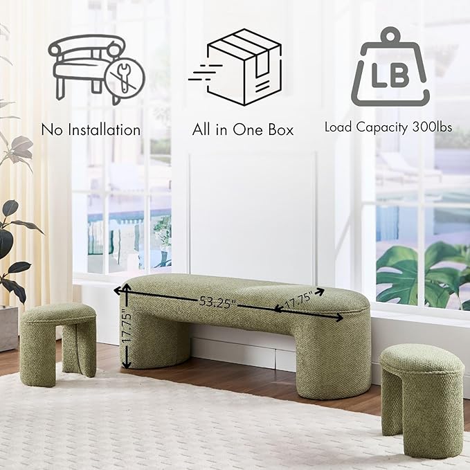 3-Piece 53" Comfy Upholstered Dining Bench with 2 Ottomans, Accent Waterfall Bench Modern End of Bed Entryway Bench Vanity Stool, Green Chenille-Ruum Studio Home