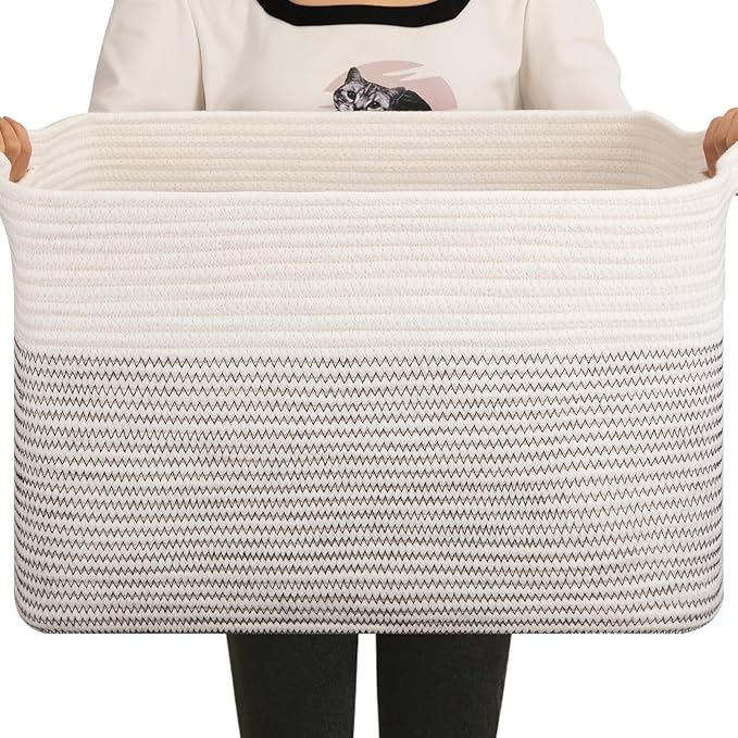 OIAHOMY 65L Blanket Basket, Cotton Rope Woven Blanket storage for Living Room, Rectangle Woven Baskets for Storage, 20''×16''×12'', Black and White-Ruum Studio Home