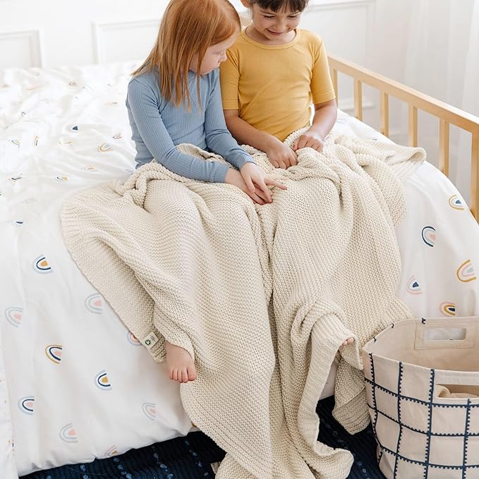 MakeMake Organics Organic Throw Blanket GOTS Certified Organic Cotton Blanket Chunky Knit Super Soft Cozy Fall Winter Large Adults Throw Blanket (50x60, Vanilla)-Ruum Studio Home