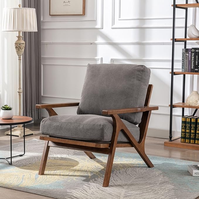 Wahson Mid Century Chair, Upholstered Accent Armchair, with Wood Frame and Canvas Cushions, Leisure Slipper Chair for Living Room/Bedroom, Grey-Ruum Studio Home
