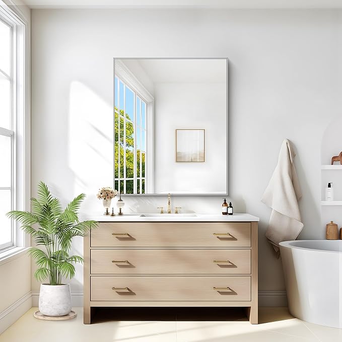 Silver Bathroom Mirror for Wall, 30x36 Inch Rectangle with Metal Frame, Modern Vanity for Bathroom Living Room, Entryway Hangs Horizontal or Vertical-Ruum Studio Home