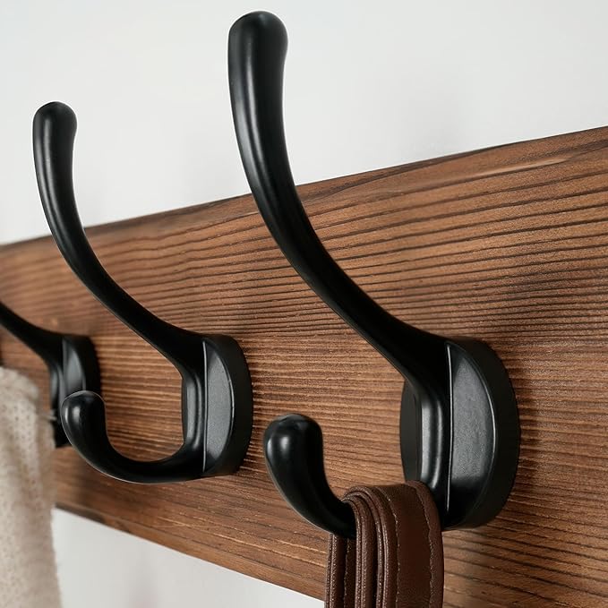 Dseap Wall Mounted Coat Rack: Patented, Heavy-Duty, 17.4" Long 5-Double-Hooks Wooden Hanger Rail for Winter Coats, Hat, Jacket, Clothing - Natural & Black, Pack of 2-Ruum Studio Home