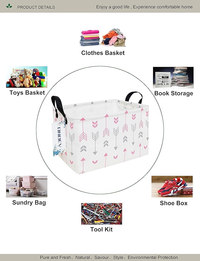 Rectangular Folding Laundry Basket,waterproof Canvas Basket,gift basket,Suitable for children's room,Office,Clothes,Toys Storage (Pink Arrow)-Ruum Studio Home