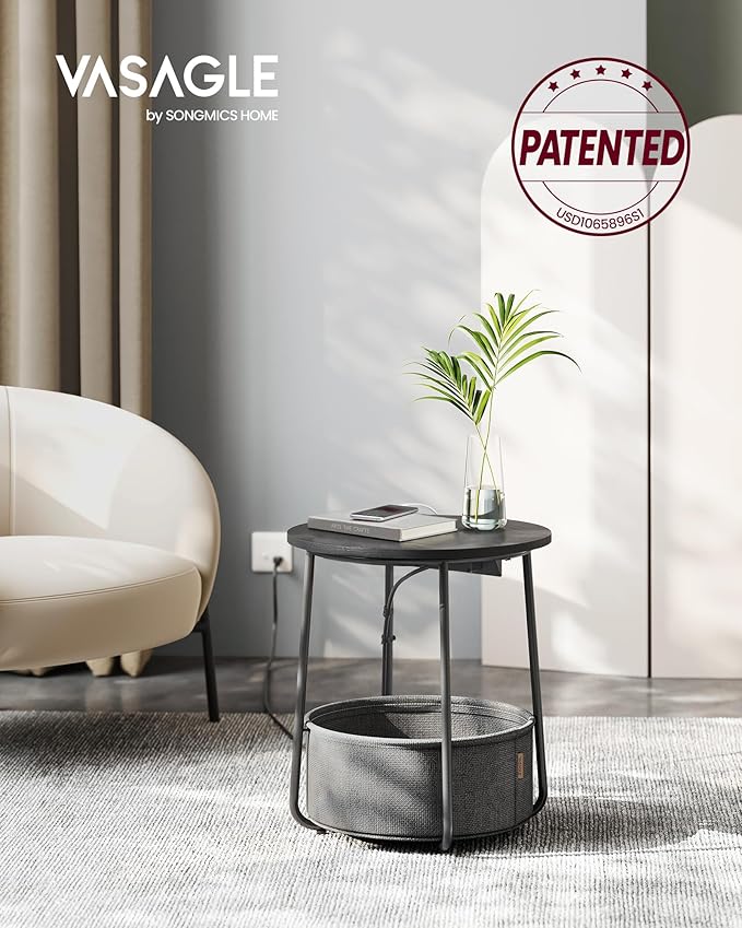 VASAGLE Side Table with Charging Station, Round End Table with Fabric Basket, Nightstand with Power Outlets, USB Ports, for Living Room, Bedroom, Modern, Ebony Black and Slate Gray ULET228B01-Ruum Studio Home