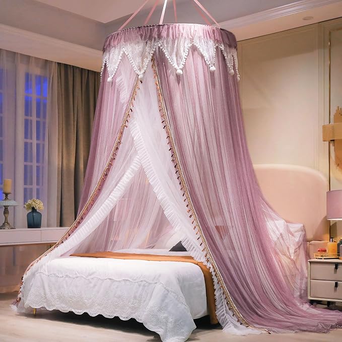 AIKASY Girls and Adults Canopy Bed, Elegant Double-Layer Bed Curtain, Children's Dream Round Lace Mosquito Net, Princess Canopy Net - Fits Twin, Full, Queen, and King Beds (White/Red Bean)-Ruum Studio Home