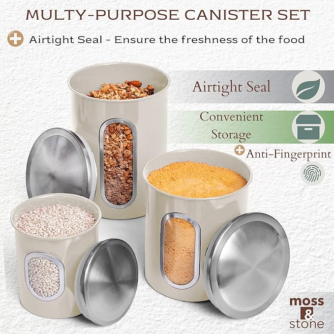 Moss & Stone 3-Piece Beige Canisters Sets For The Kitchen, Airtight Canister Set With See Through Window, Storage Jars for Coffee Container, Tea Organizer & Sugar Canister, Beige Kitchen Canisters-Ruum Studio Home