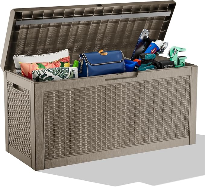 Vixzen 60 Gallon Outdoor Deck Box,Lockable Resin Waterproof Storage Box,UV Resistant,Weather Resistance,Outside Storage Bin for Gardening Tools,Pool Supplies,Gray-Ruum Studio Home