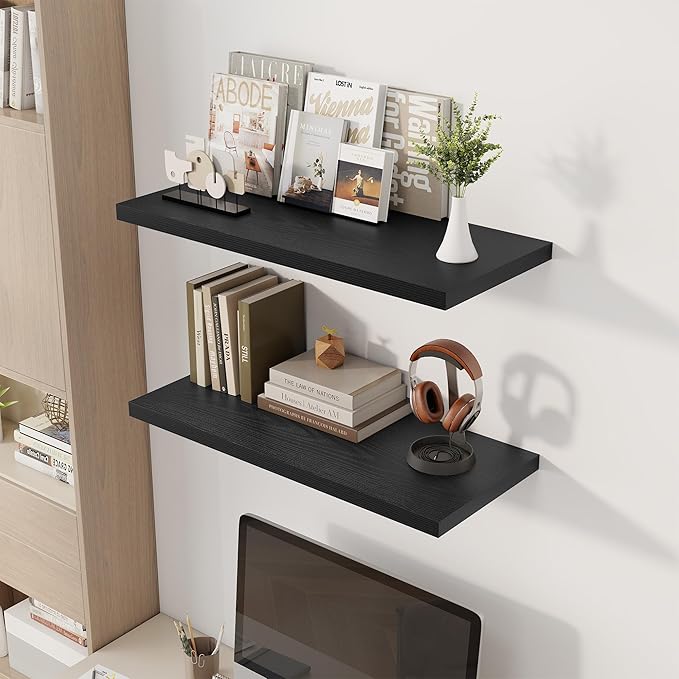 32" Floating Shelves for Wall, 12" Deep Slim Black Floating Shelves, Wall-Mounted Shelves for Bedroom, Living Room, Kitchen, Bathroom - Set of 2-Ruum Studio Home